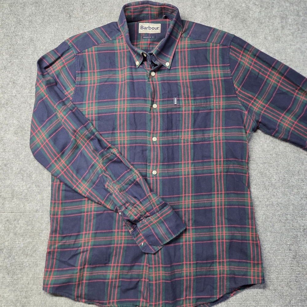 Barbour Seth Tailored Fit Plaid Button Down Shirt Navy Green Red Tartan Mens L